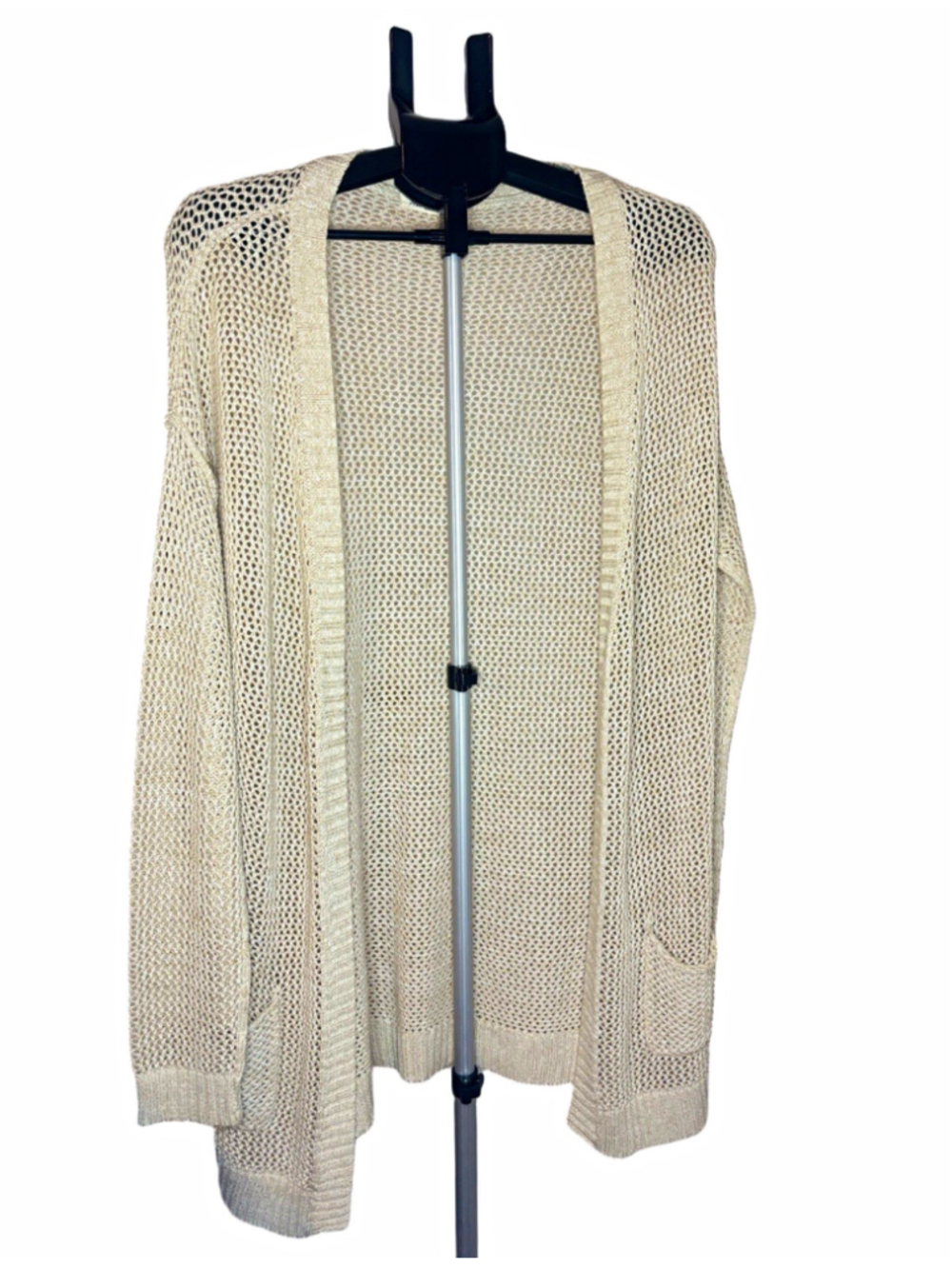Ava Couture 100% Cotton Open Knit Cardigan Cream Beige Long Sleeve Pockets